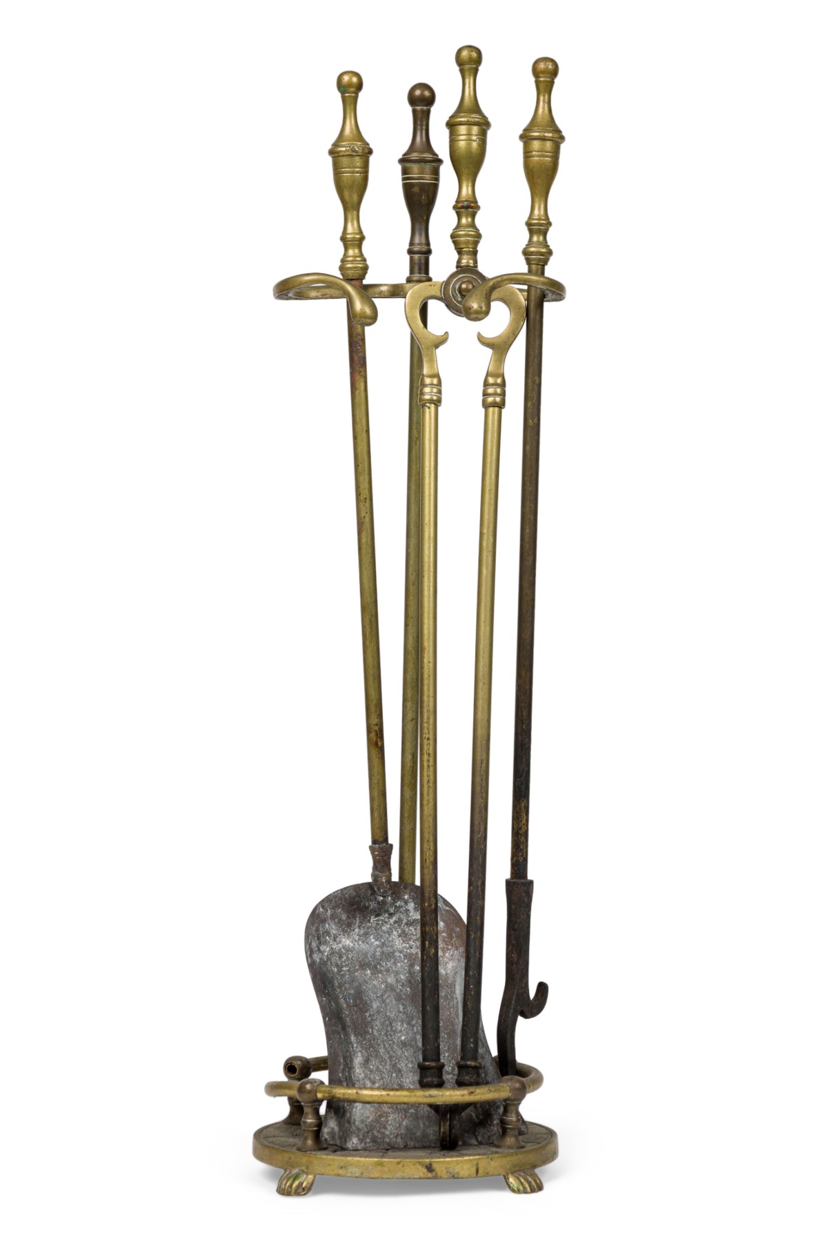 English victorian brass circular base stand and fire tools